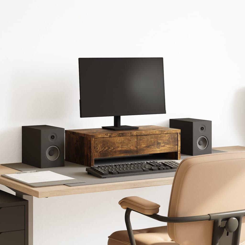 Soporte de monitor de madera roble ahumado en escritorio con computadora y altavoces, espacio de trabajo elegante y funcional.