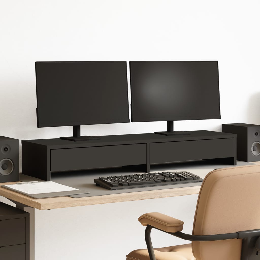 Soporte de monitor negro de madera con cajones, ideal para organización y comodidad en el espacio de trabajo.