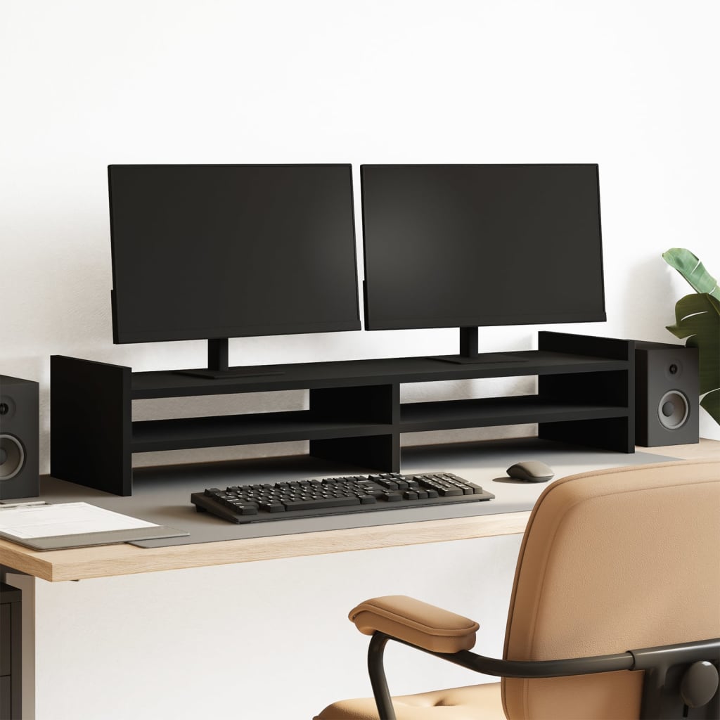 Soporte para monitor de madera maciza negro con espacio de almacenamiento, ideal para mejorar la comodidad en el trabajo.