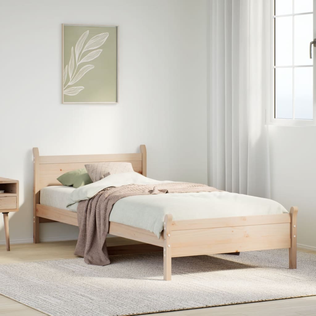 Estructura de cama de madera maciza de pino de 90x200 cm en dormitorio con decoración minimalista y acogedora.