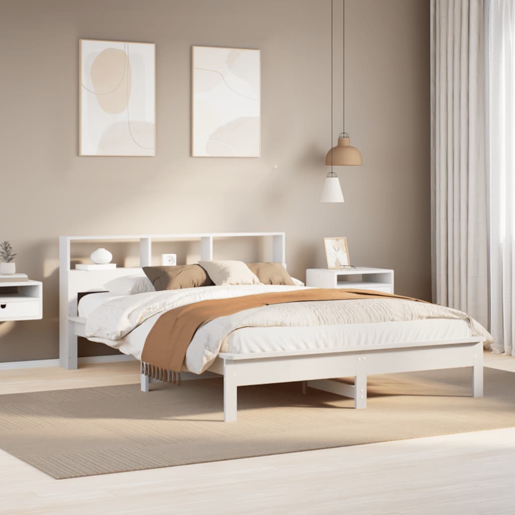 Estructura de cama de madera de pino blanca 140x190 cm en un dormitorio moderno y acogedor.