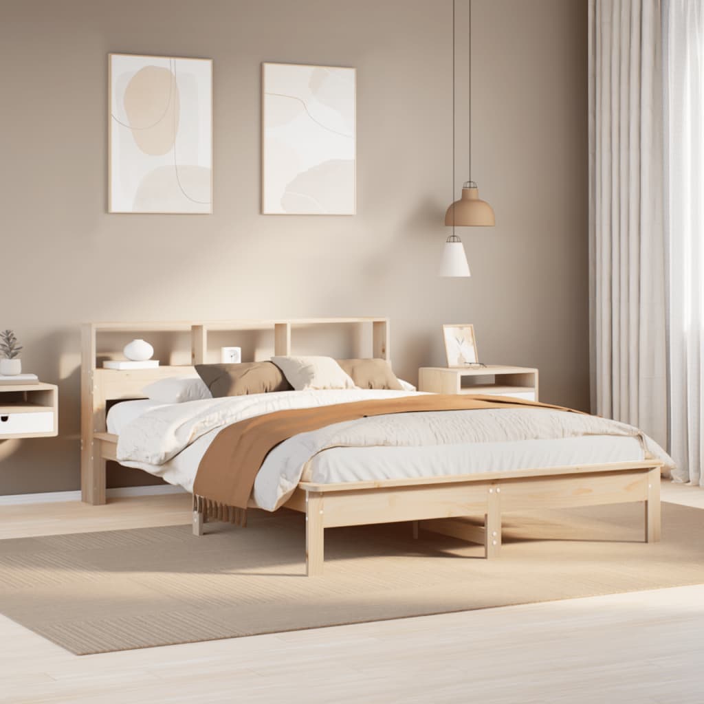 Estructura de cama de madera maciza de pino en dormitorio moderno con decoración contemporánea y suave iluminación.