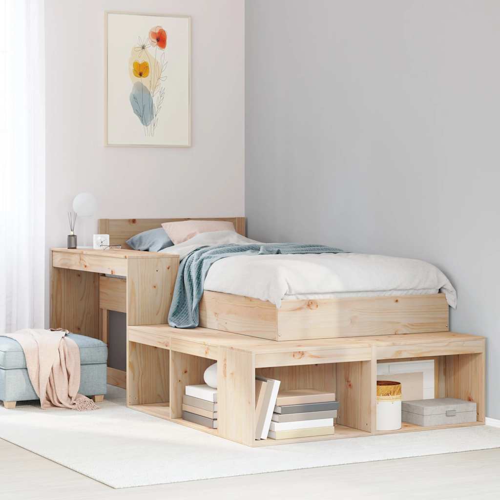 Estructura de cama de madera maciza de pino con somier, dormitorio acogedor y moderno.