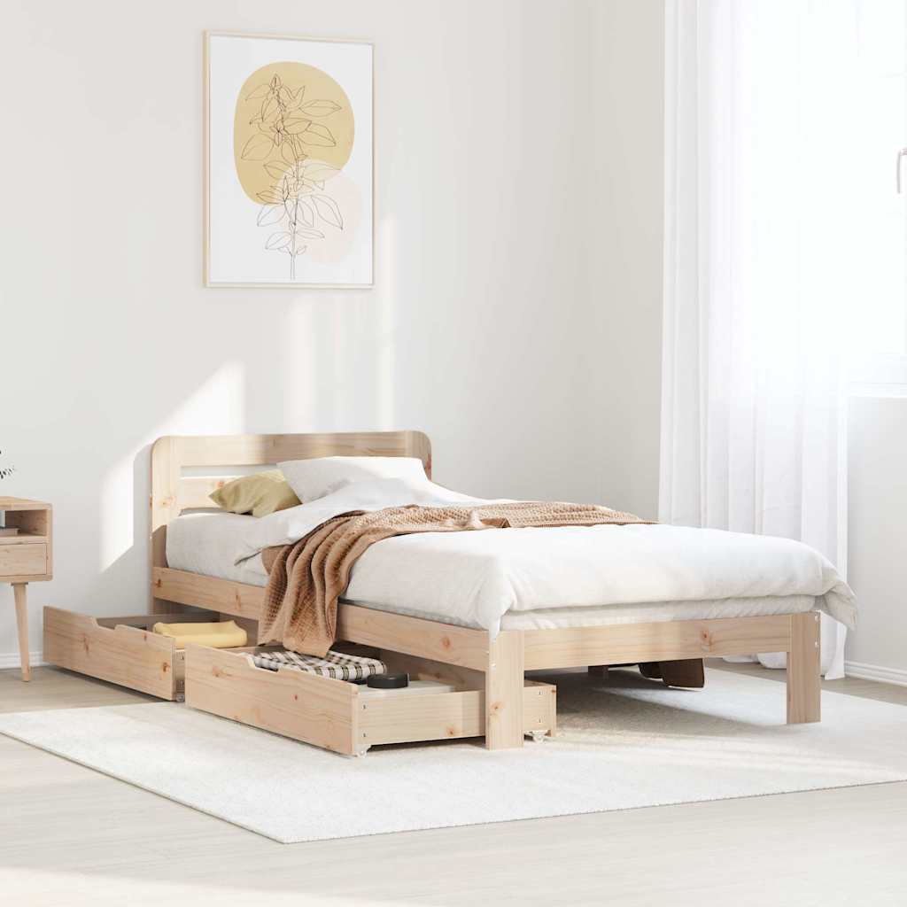 Estructura de cama de madera de pino 100x200 cm con somier, decorada con ropa de cama acogedora en un dormitorio moderno.