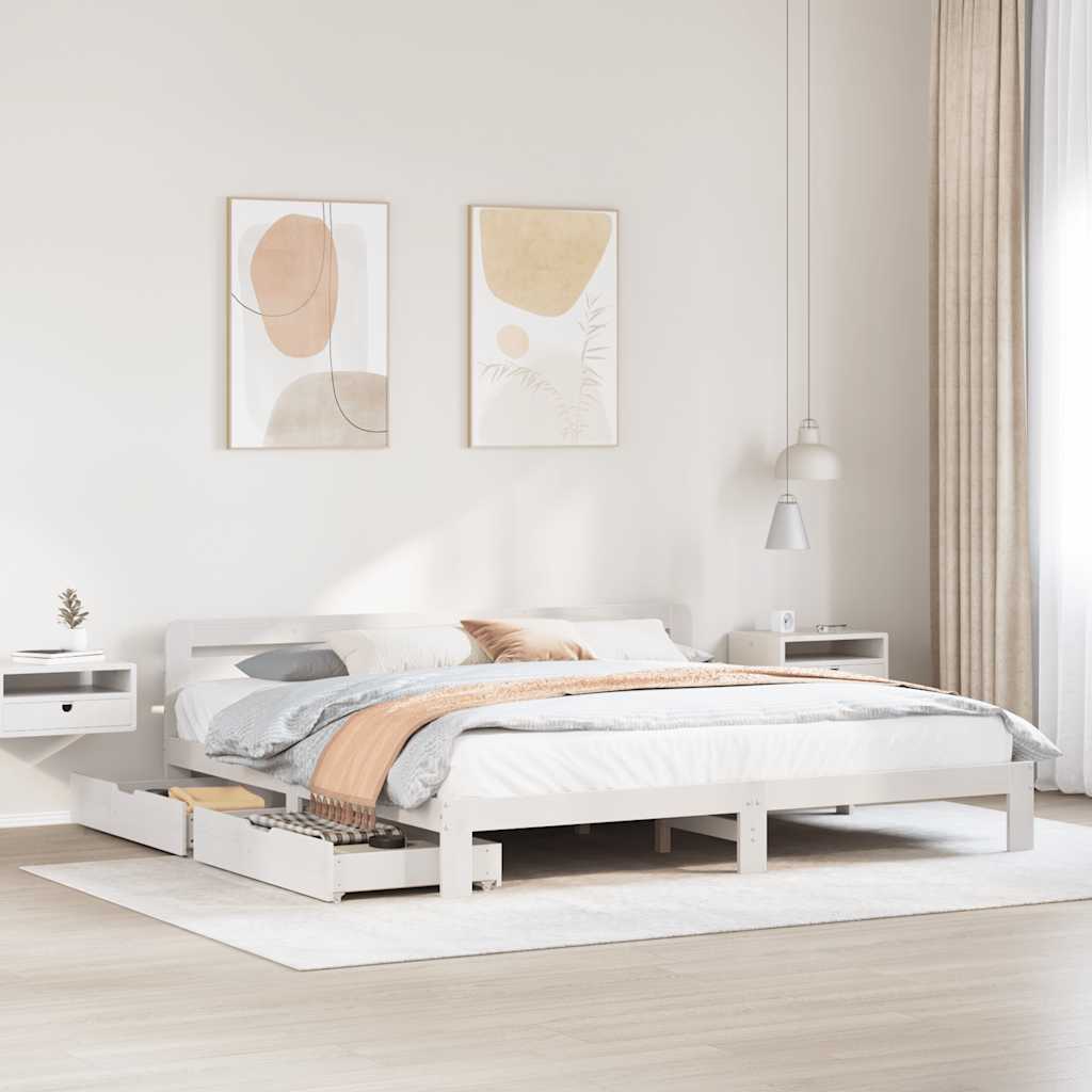 Estructura de cama blanca de madera maciza con somier, diseño moderno para dormitorio elegante, 200x200 cm.