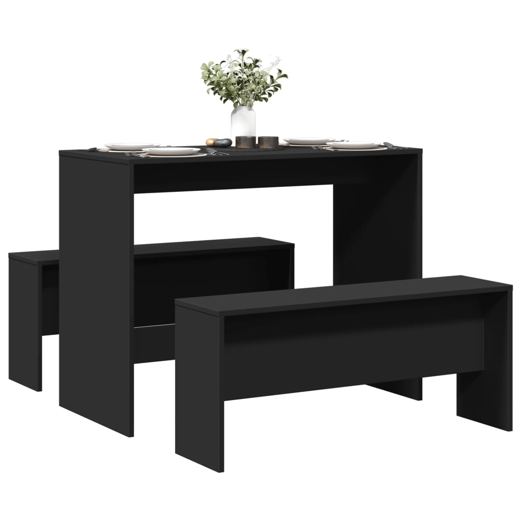 Conjunto de mesa y bancos de comedor de 3 piezas en madera de ingeniería negra, ideal para crear un ambiente acogedor.