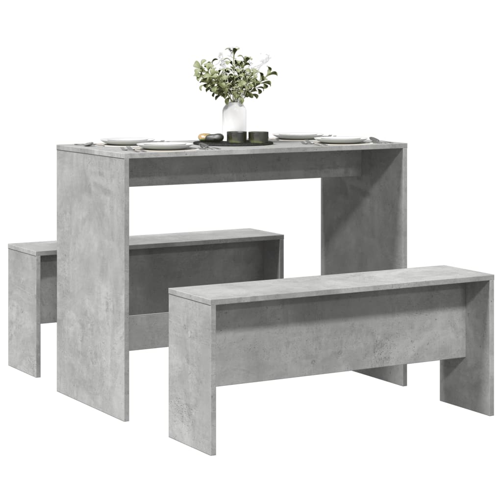 Conjunto de mesa y bancos de comedor de madera ingeniería en gris hormigón, ideal para un espacio acogedor.