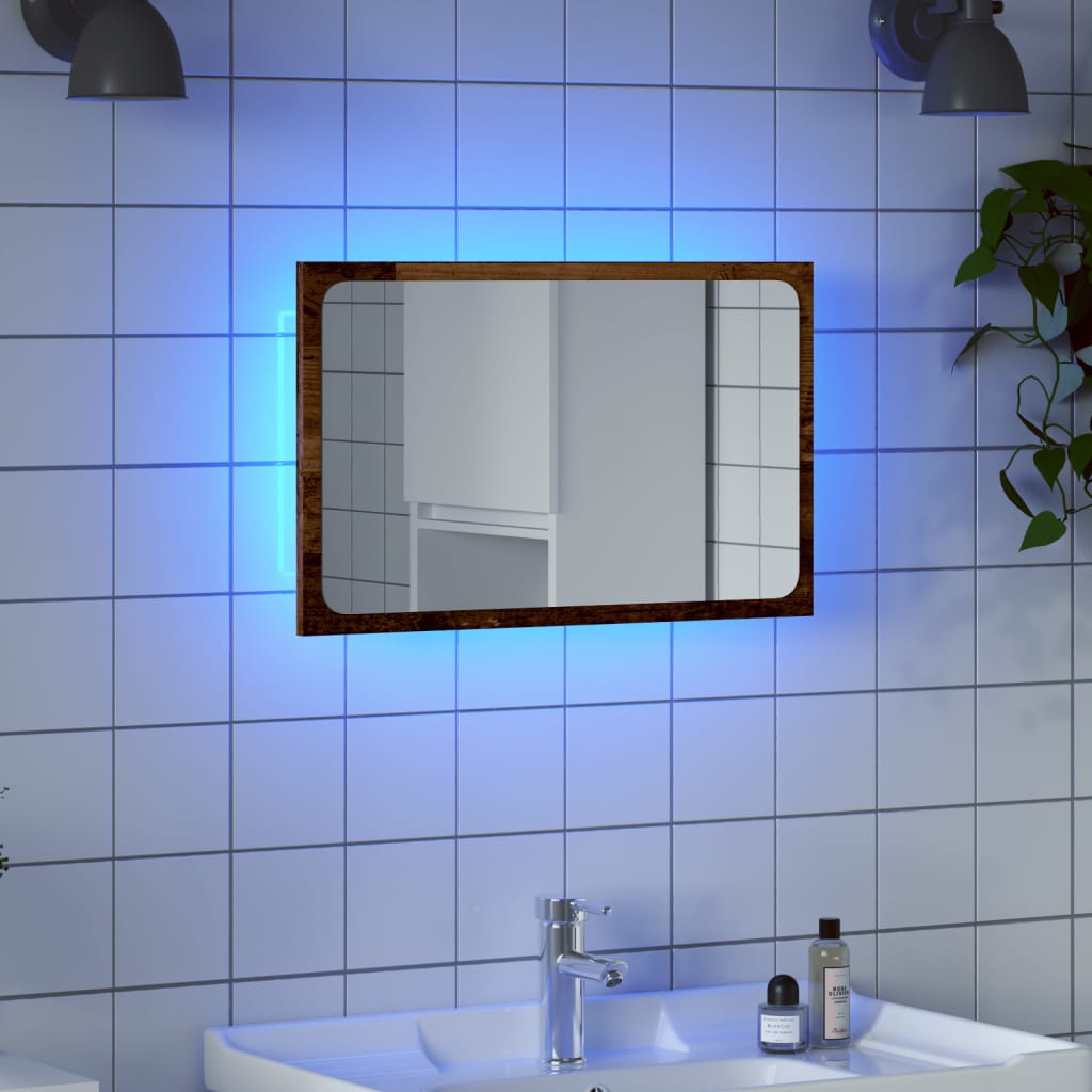 Vetonek Espejo de baño con luz LED madera envejecida 60x8,5x38 cm