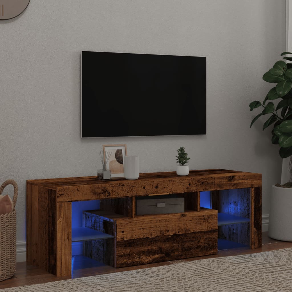 Mueble tv luces led madera ingeniería envejecida 120x36,5x40 cm v7587 Vetonek