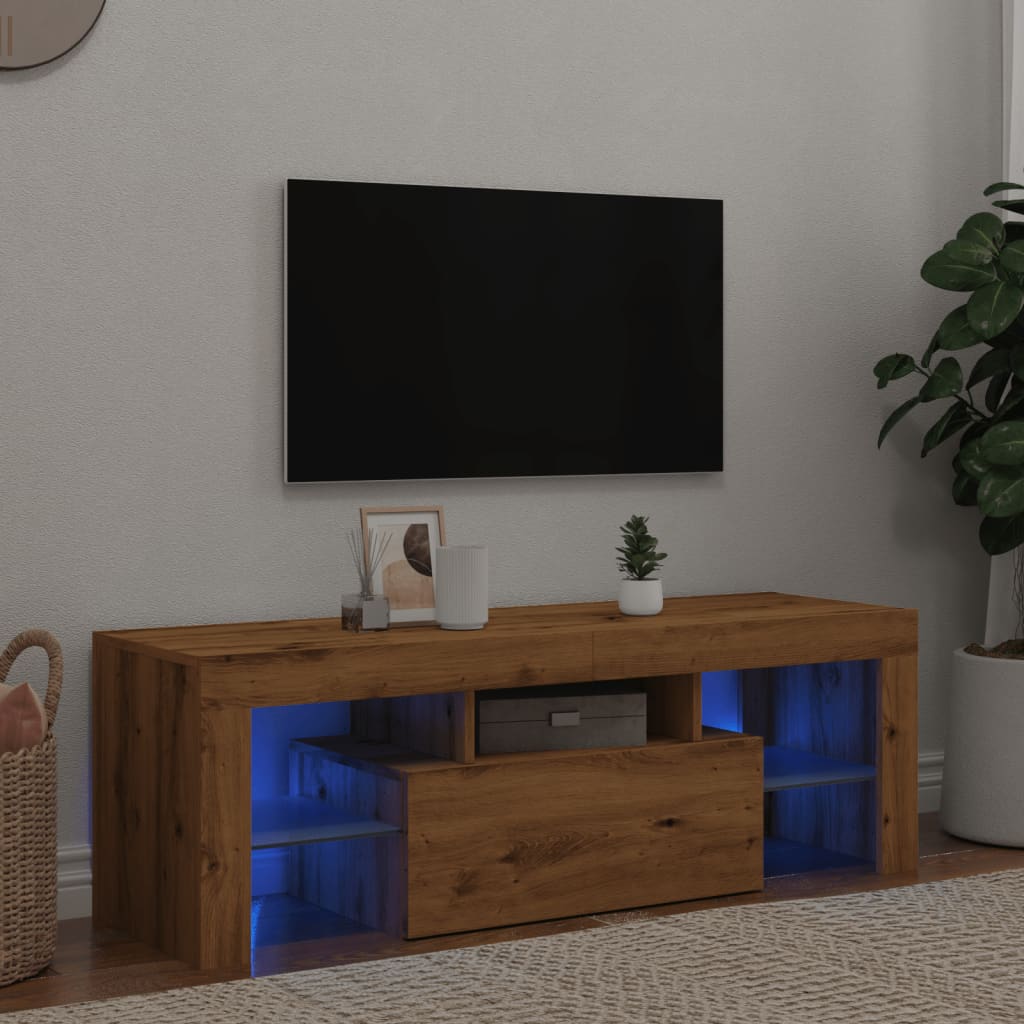 Vetonek Mueble de TV luces LED madera roble artisan 120x36,5x40 cm