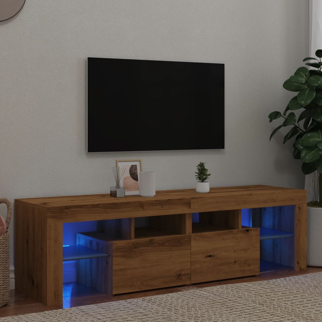 Vetonek Mueble de TV luces LED madera roble artisan 140x36,5x40 cm