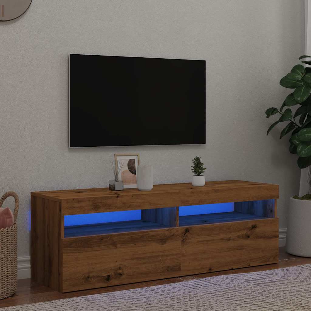 Vetonek Mueble de TV luces LED madera roble artisan 120x35x40 cm