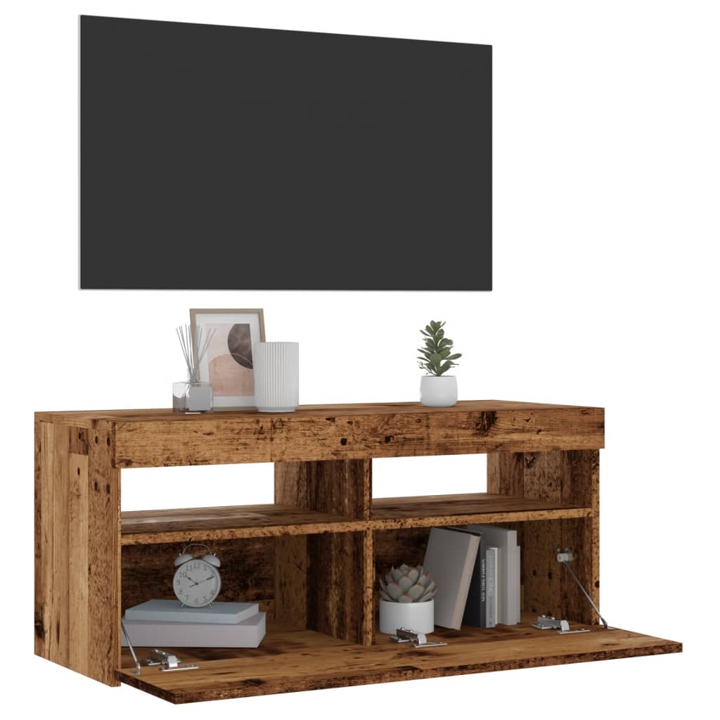 Vetonek Mueble TV luces LED madera ingeniería envejecida 90x35x40 cm