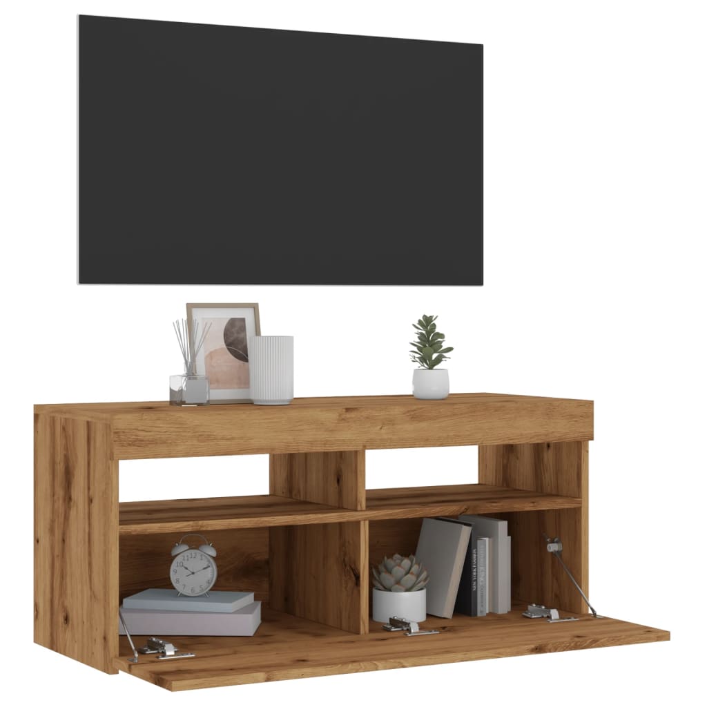 Vetonek Mueble de TV luces LED madera roble artisan 90x35x40 cm