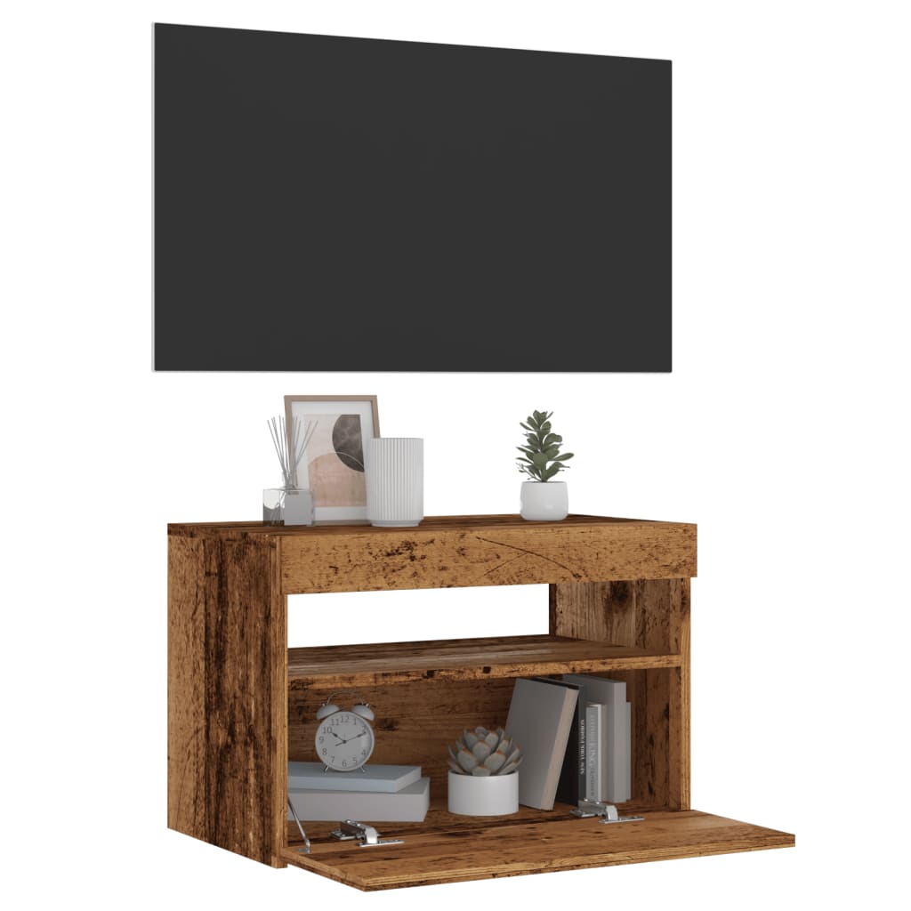 Mueble tv luces led madera ingeniería envejecida 60x35x40 cm v7662 Vetonek
