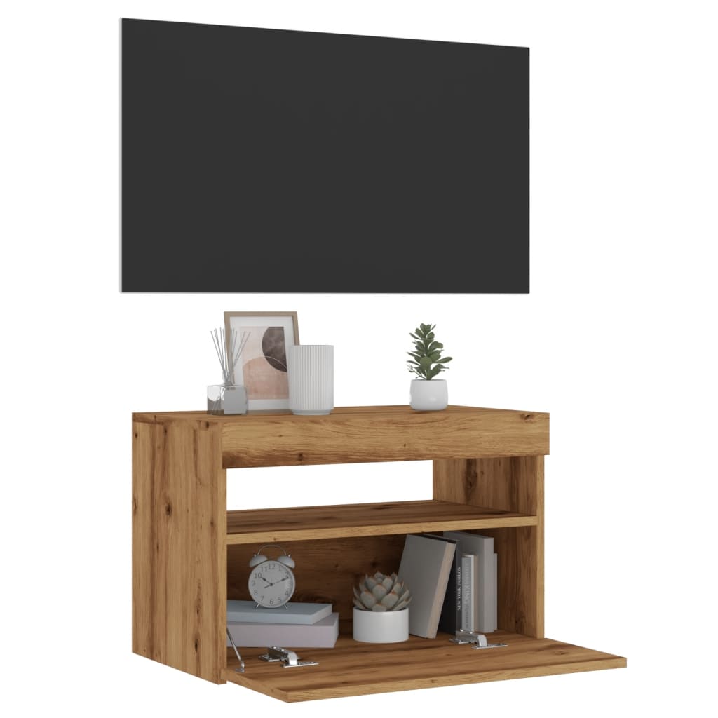 Vetonek Mueble de TV luces LED madera roble artisan 60x35x40 cm