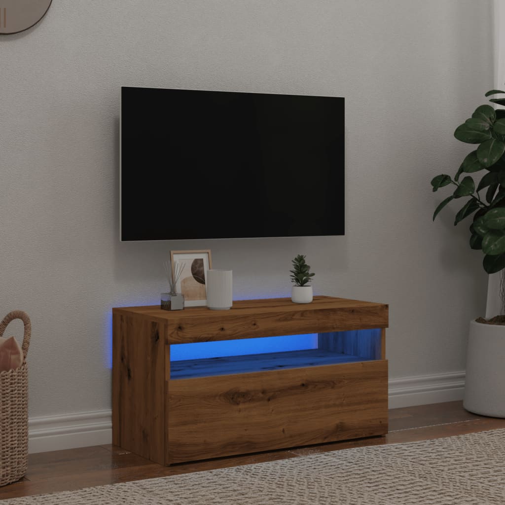 Vetonek Mueble de TV luces LED madera roble artisan 75x35x40 cm