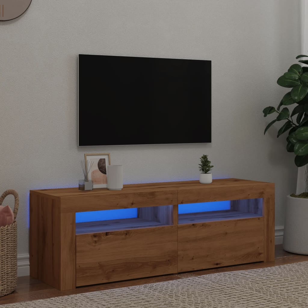 Vetonek Mueble de TV luces LED madera roble artisan 120x35x40 cm