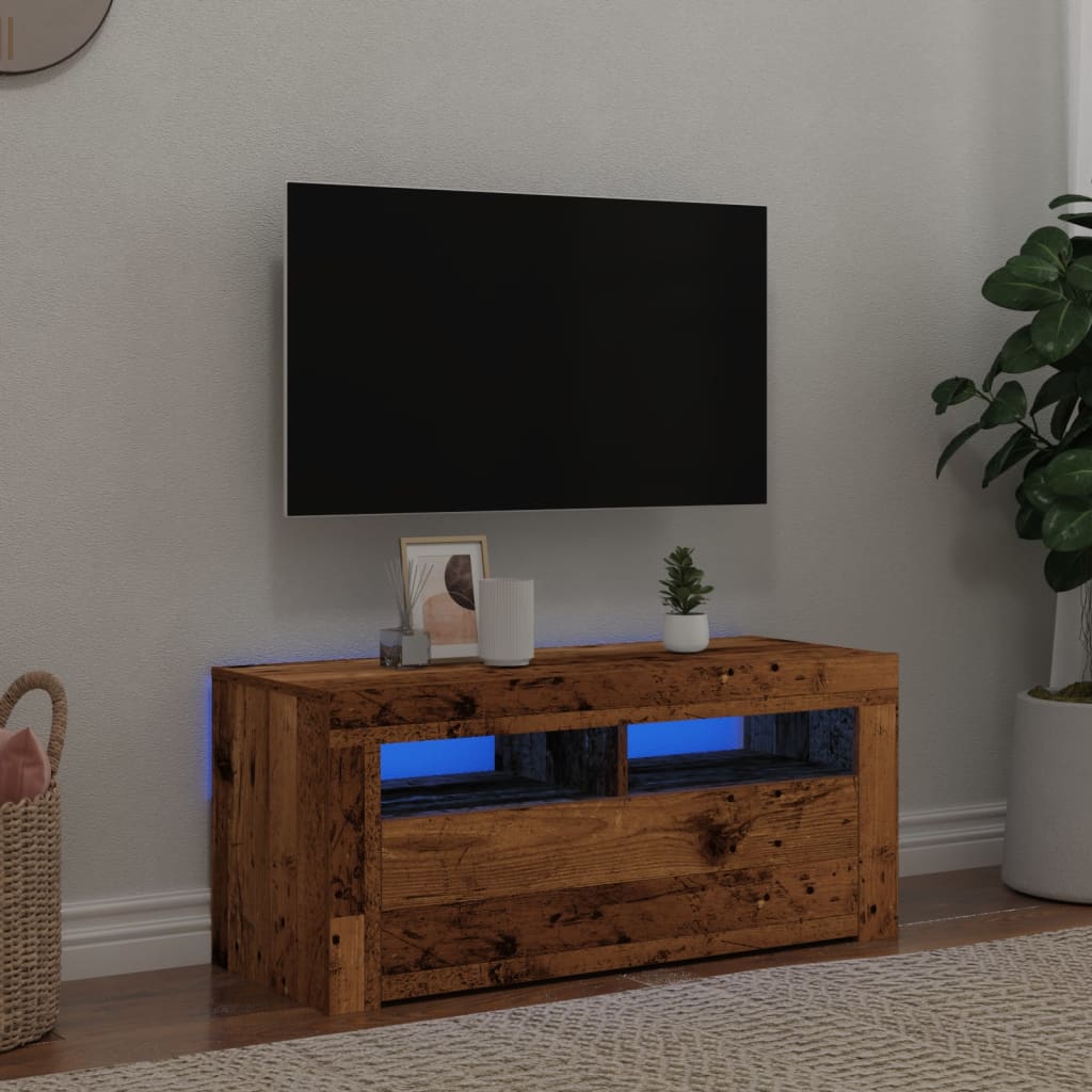 Vetonek Mueble TV luces LED madera ingeniería envejecida 90x35x40 cm