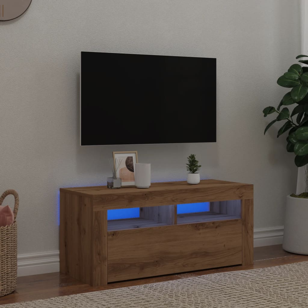 Vetonek Mueble de TV luces LED madera roble artisan 90x35x40 cm