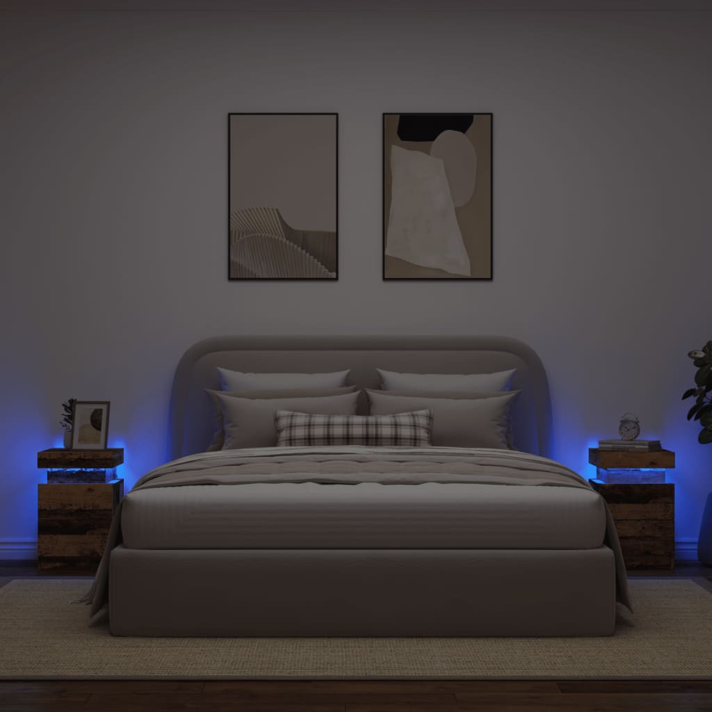 Vetonek Mesitas de noche con LED 2 uds madera envejecida 35x39x55 cm