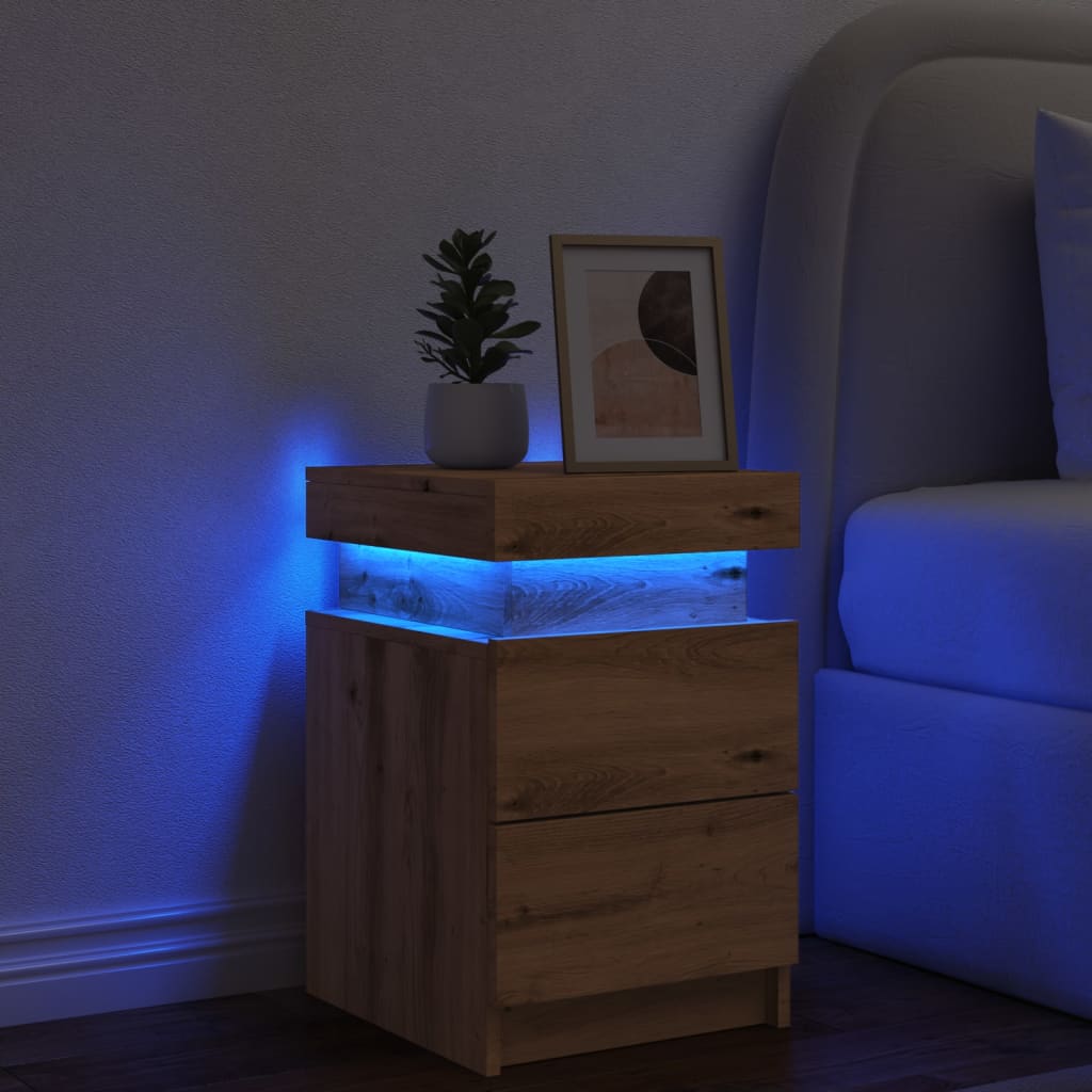 Vetonek Mesitas noche con LED 2 uds madera marrón roble 35x39x55 cm