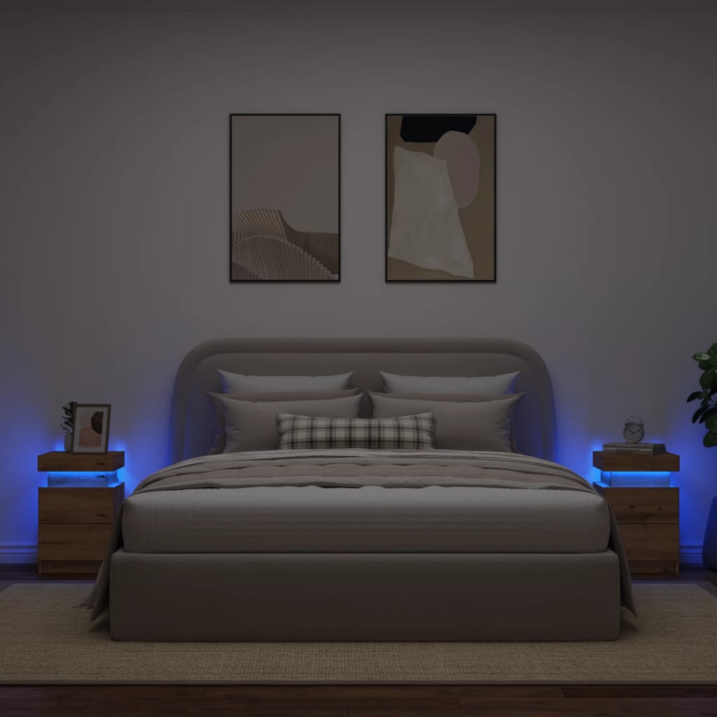 Vetonek Mesitas noche con LED 2 uds madera roble artisian 35x39x55 cm