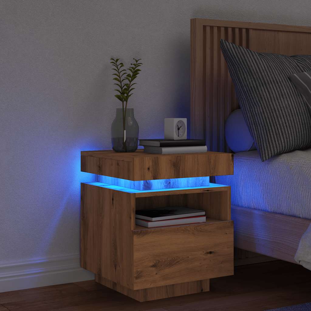 Table de chevet artisanale en chêne avec lumières LED 40x39x48,5 cm V6473 Vetonek