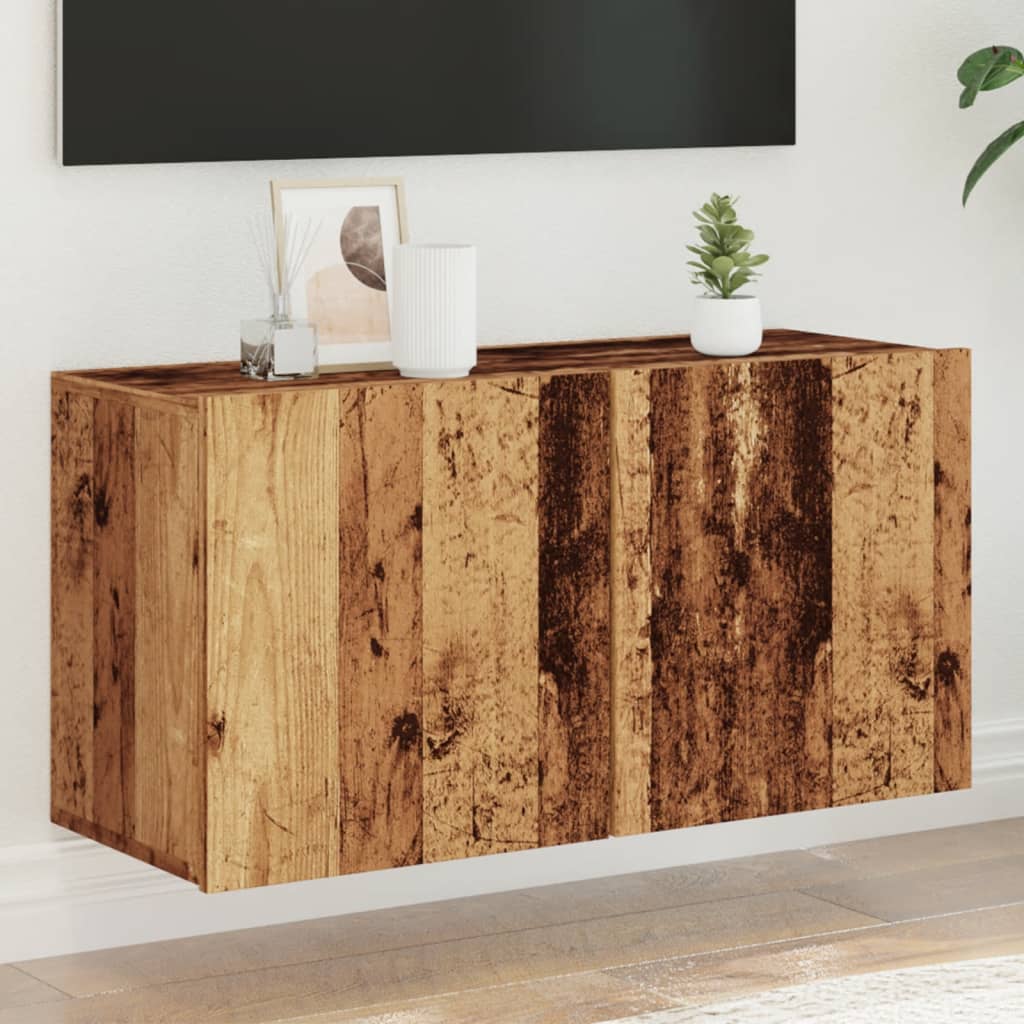 Mueble de TV de pared en madera envejecida, diseño moderno y práctico, ideal para almacenamiento.