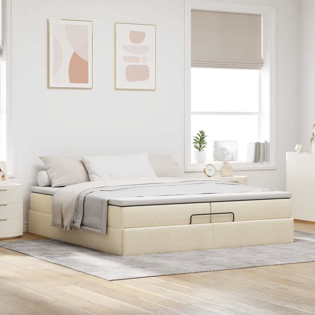 Estrutura de cama otomana com colchões de tecido creme de 200x200cm