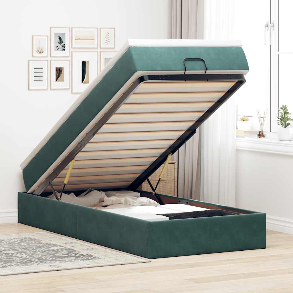 Vetonek Estructura de cama otomana con colchón terciopelo verde oscuro