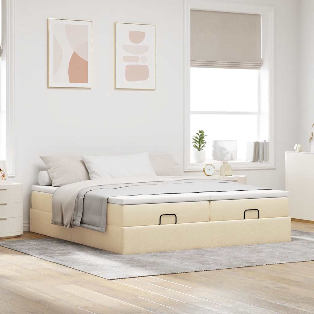 Estrutura de cama otomana com colchões de tecido creme de 200x200cm