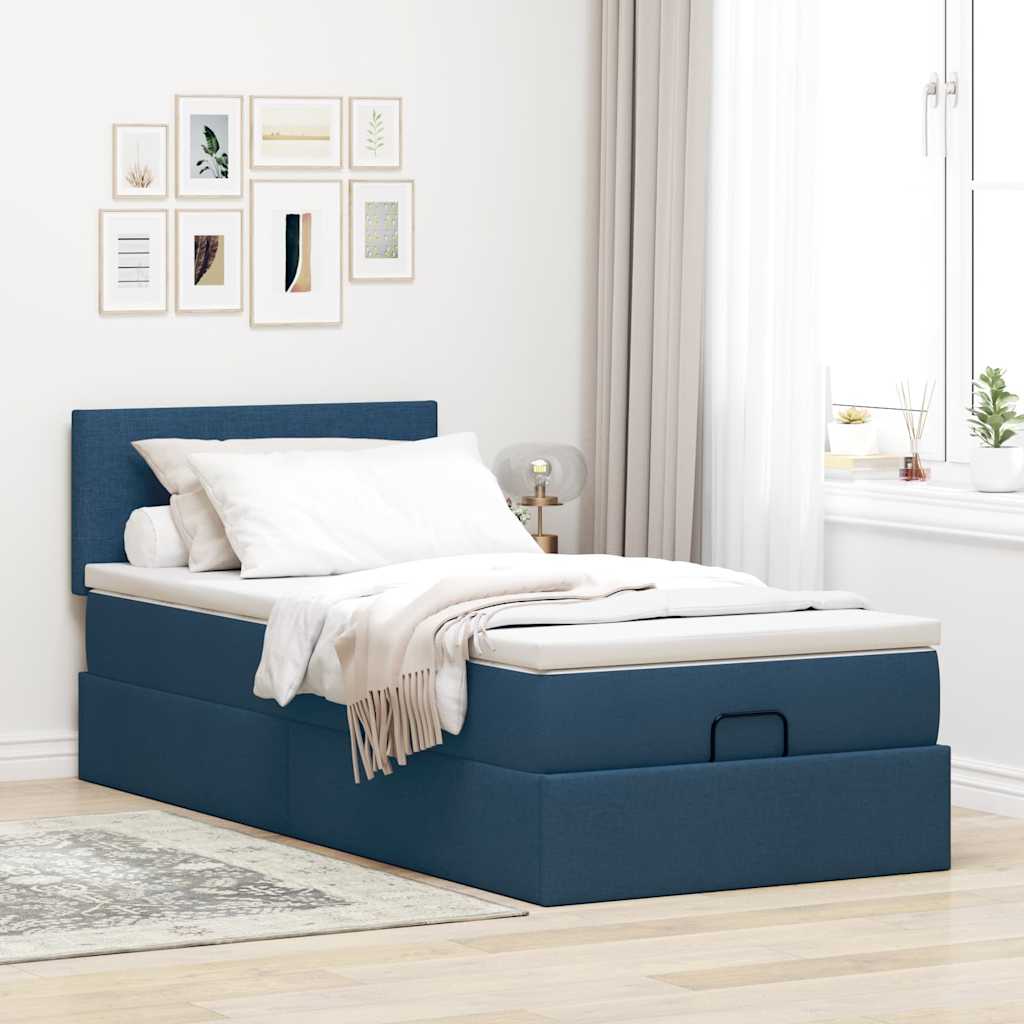 Ottoman bed structure with 90x190 cm blue fabric mattress