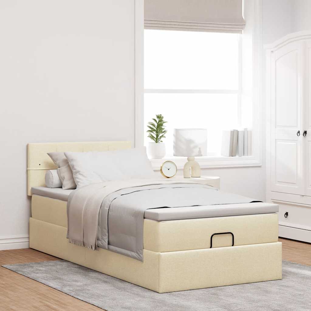 Ottoman bed structure with 100x200cm cream fabric mattress