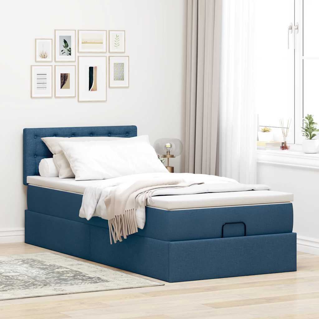 Ottoman bed structure with 90x190 cm blue fabric mattress