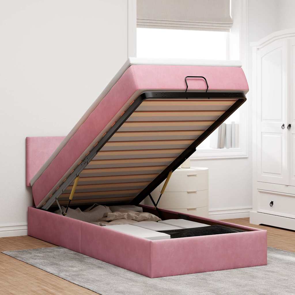 Vetonek Estructura cama otomana con colchón terciopelo rosa 90x190cm