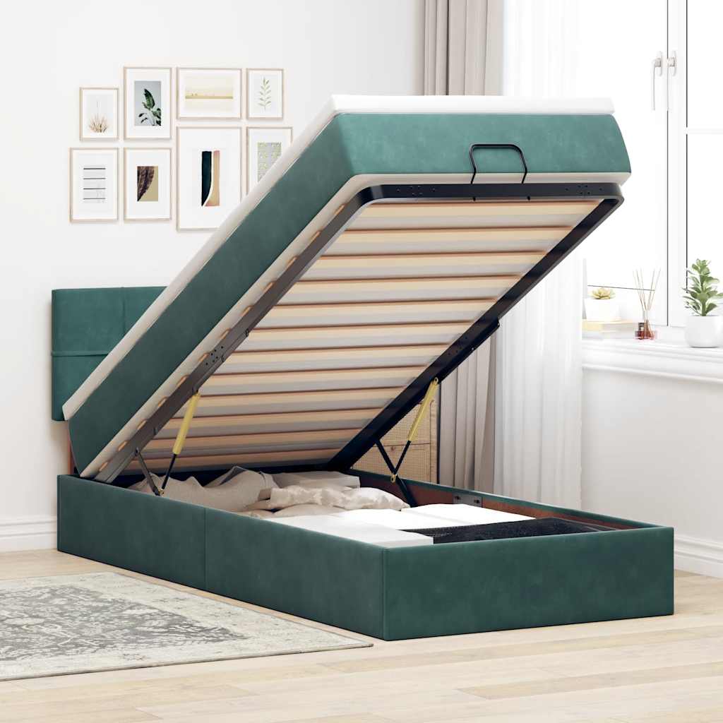 Vetonek Estructura de cama otomana con colchón terciopelo verde oscuro