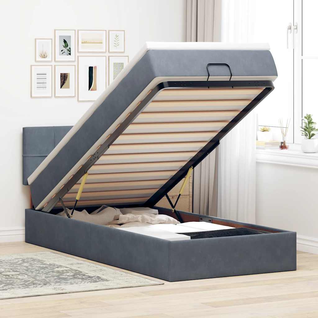 Vetonek Estructura cama otomana colchón terciopelo gris oscuro 90x190cm