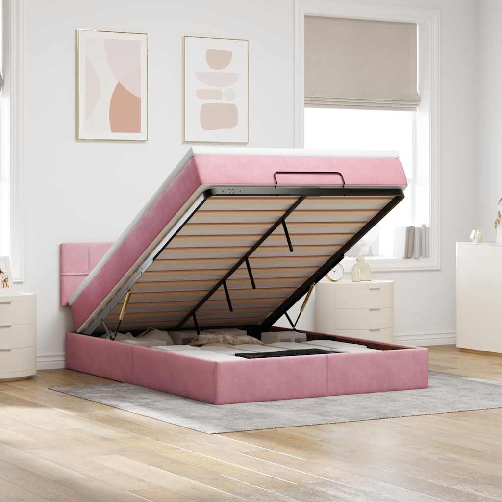 Vetonek Estructura cama otomana con colchón terciopelo rosa 140x190 cm