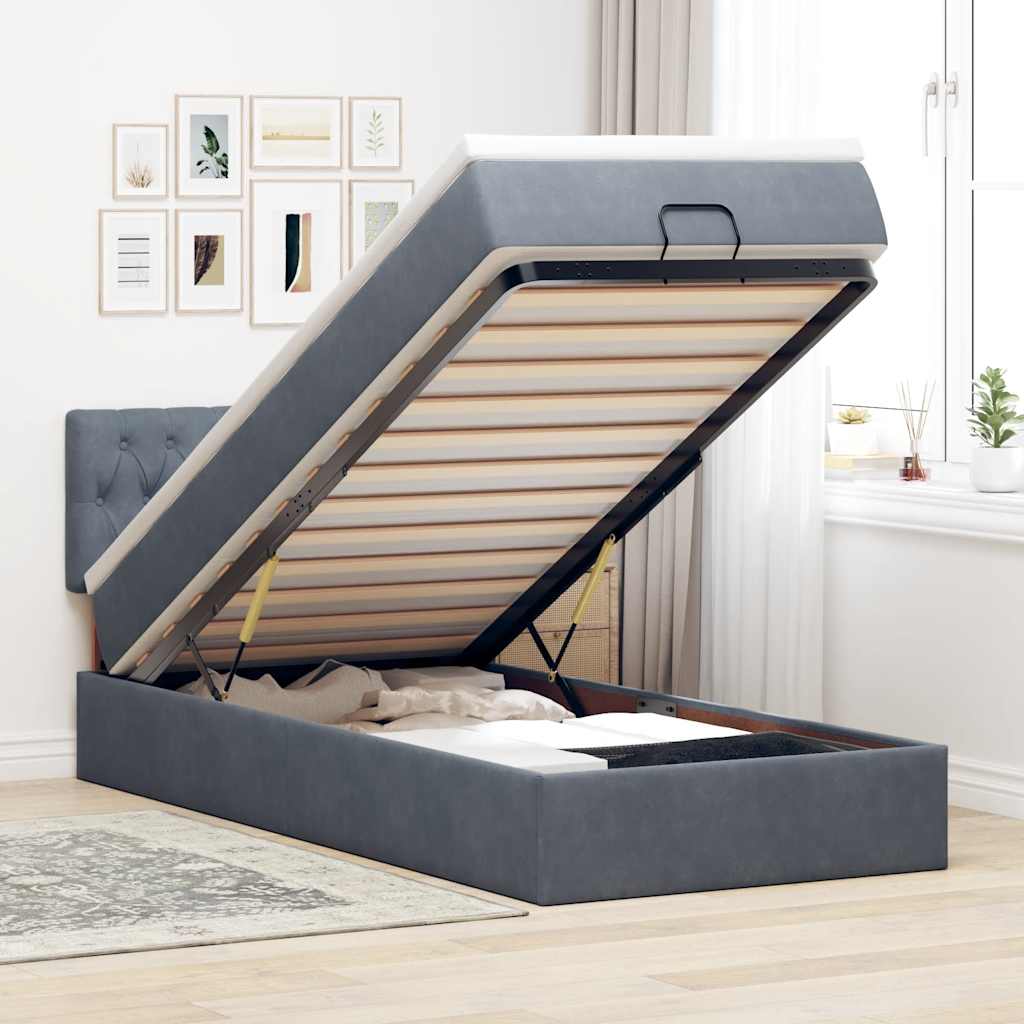 Vetonek Estructura cama otomana colchón terciopelo gris oscuro 90x190cm