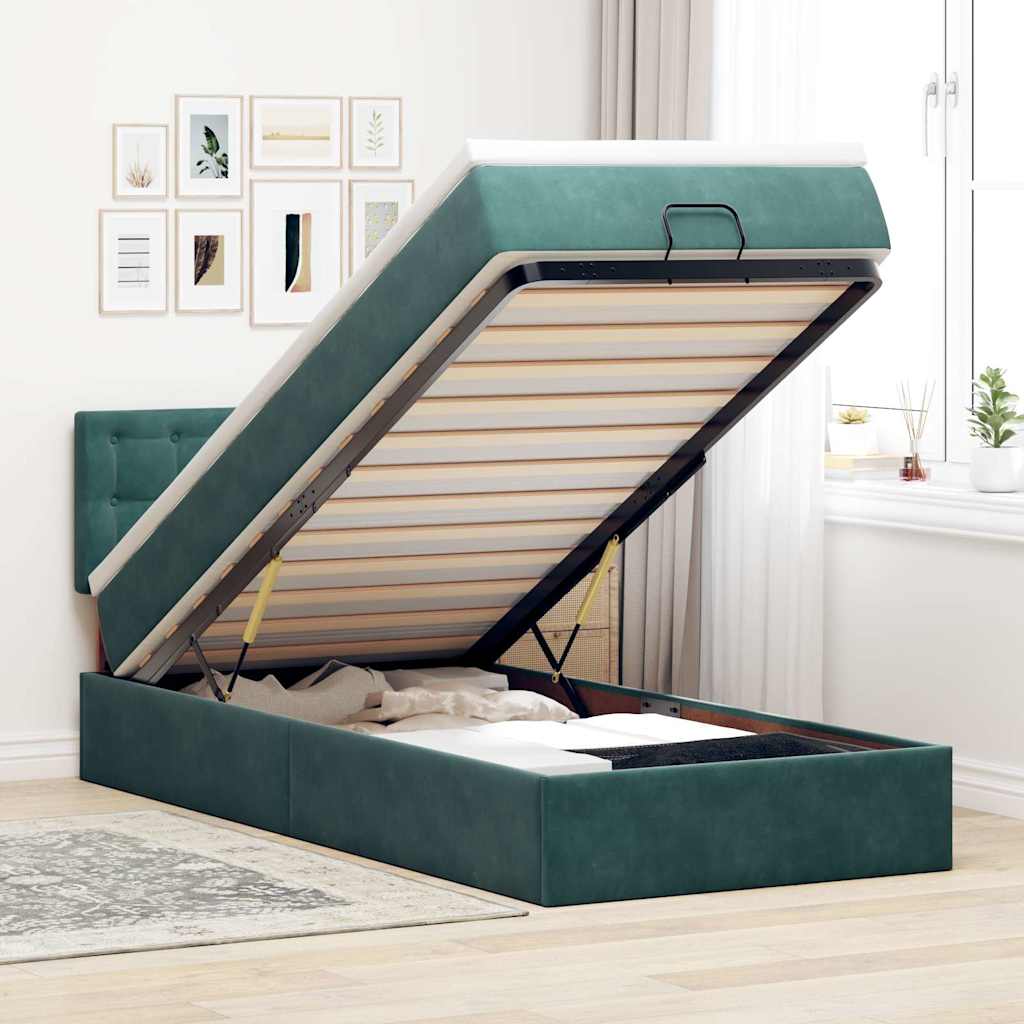 Vetonek Estructura de cama otomana con colchón terciopelo verde oscuro