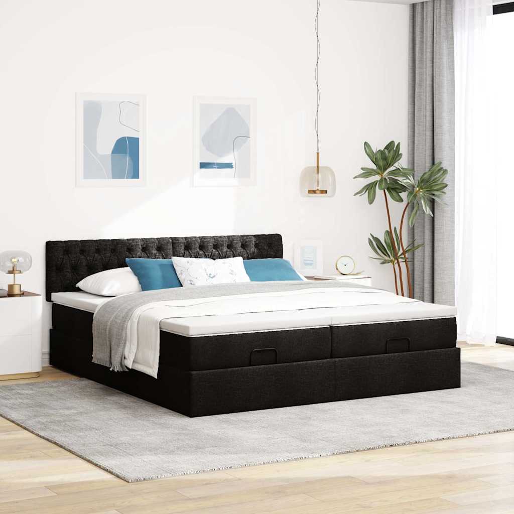 Ottoman bed structure with 180x200cm black fabric mattresses