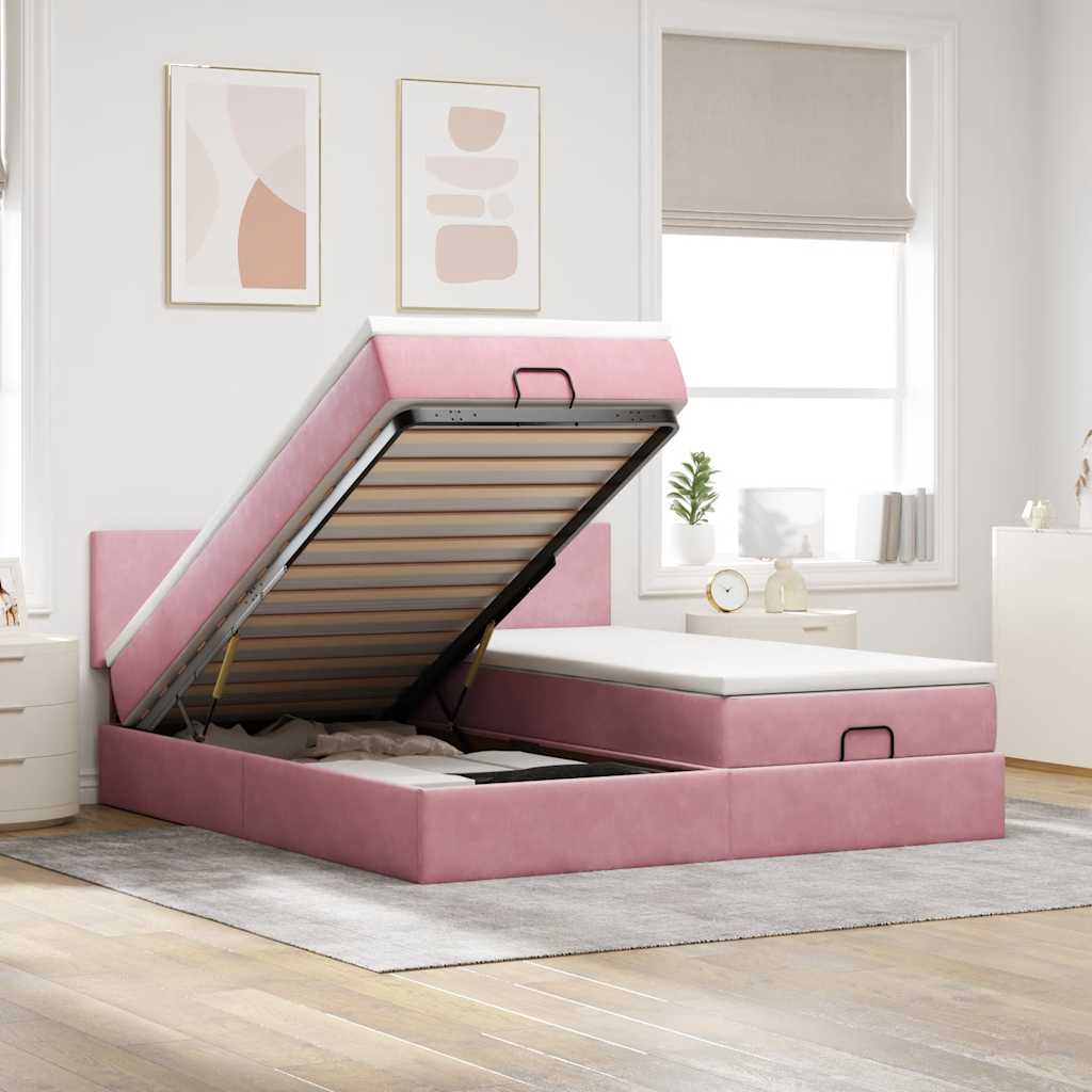 Vetonek Estructura de cama otomana colchones terciopelo rosa 160x200cm