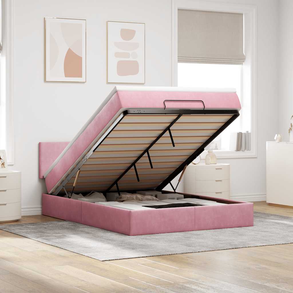 Vetonek Estructura cama otomana con colchón terciopelo rosa 140x190 cm