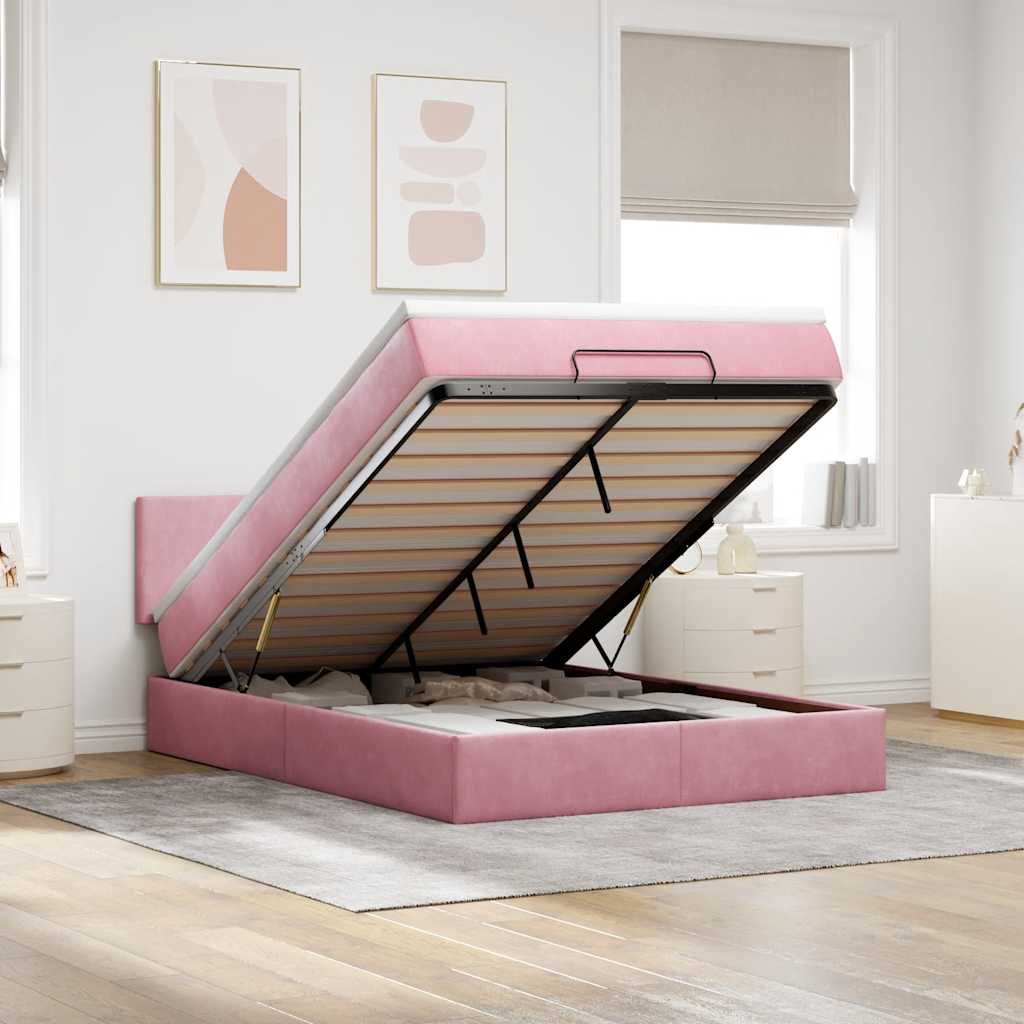 Vetonek Estructura cama otomana colchón terciopelo rosa 140x200cm