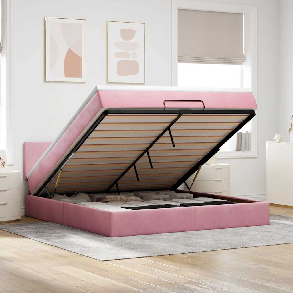 Vetonek Estructura cama otomana con colchón terciopelo rosa 160x200 cm