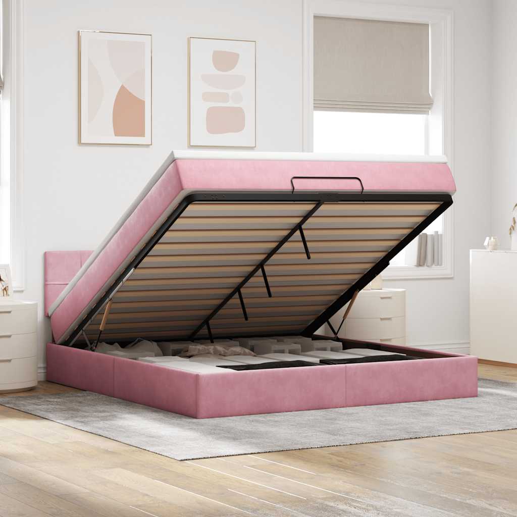 Vetonek Estructura cama otomana con colchón terciopelo rosa 160x200 cm