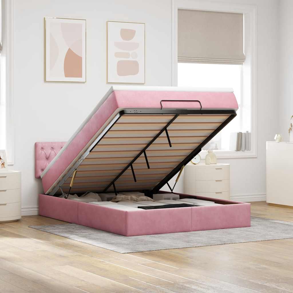 Vetonek Estructura cama otomana con colchón terciopelo rosa 140x190 cm