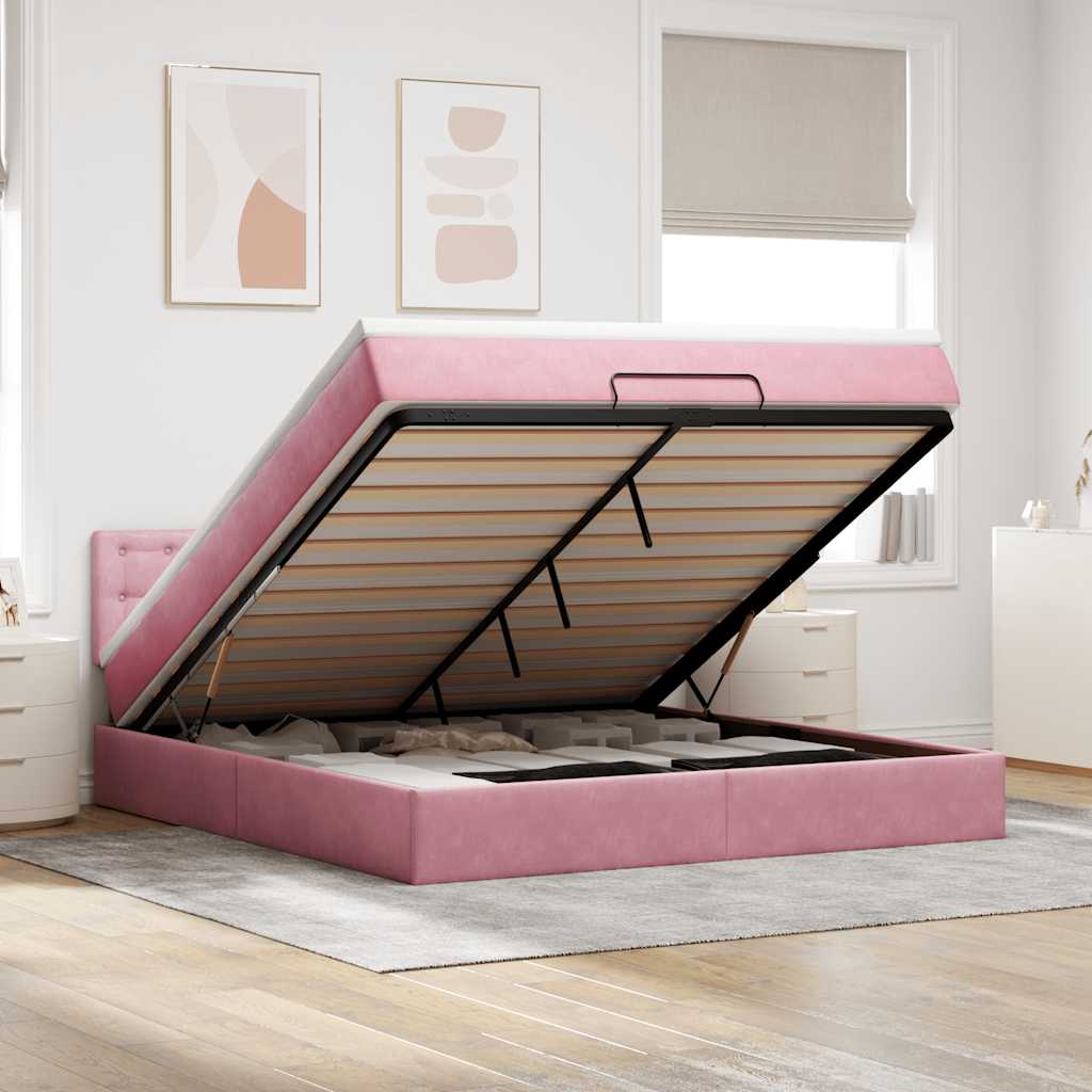 Vetonek Estructura cama otomana con colchón terciopelo rosa 180x200 cm