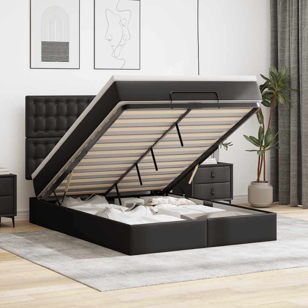 Vetonek Estructura cama otomana colchón cuero sintético negro 140x190cm